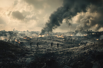 A desolate battlefield engulfed in chaos, where smoke rises and flames flicker, telling tales of destruction and bravery.