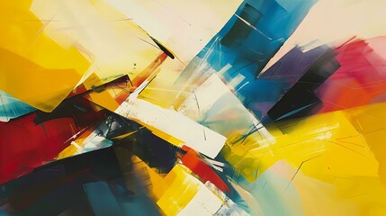 Poster - A contemporary abstract artwork displaying a fusion of contrasting colors, where sharp angles meet soft curves, and bright yellows, blues, and reds converge, evoking a sense of harmony and balance