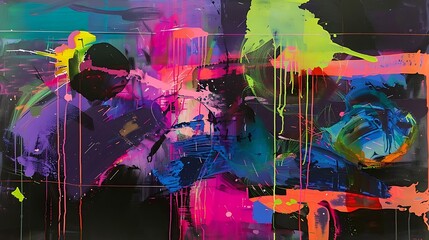 Poster - A large-scale abstract painting characterized by its use of bold splashes of color, including neon pinks, electric blues, and vivid greens, layered over a dark background, creating a striking