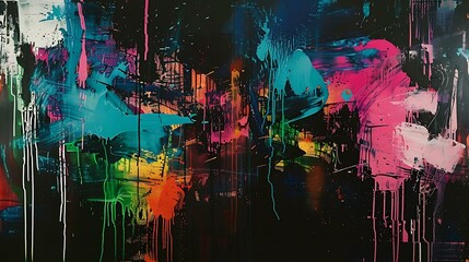 Poster - A large-scale abstract painting characterized by its use of bold splashes of color, including neon pinks, electric blues, and vivid greens, layered over a dark background, creating a striking