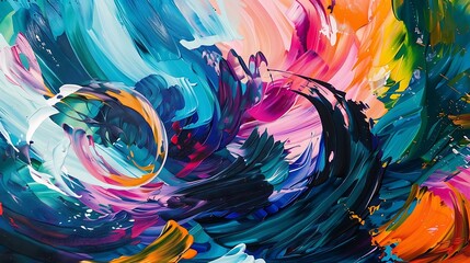 Poster - A vibrant abstract painting with swirling multicolored brushstrokes, blending hues of blue, pink, orange, and green in dynamic patterns, creating a sense of motion and energy