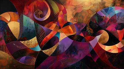 Poster - An abstract canvas featuring a bold mix of geometric shapes and fluid lines, with rich colors like deep reds, purples, and gold, interweaving to form an intricate tapestry of color
