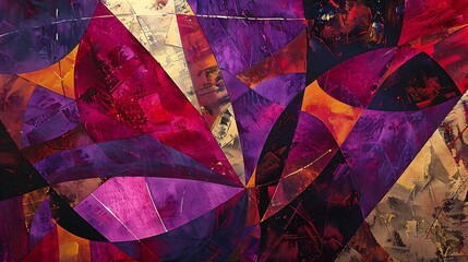 Poster - An abstract canvas featuring a bold mix of geometric shapes and fluid lines, with rich colors like deep reds, purples, and gold, interweaving to form an intricate tapestry of color