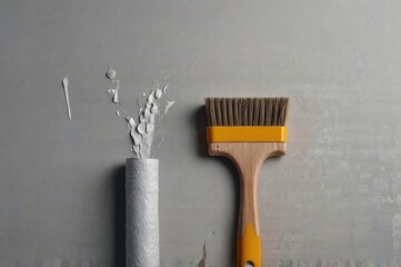 Wall Mural - Wallpaper rolls, brush and bucket of glue on light grey background, flat lay