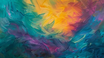 Poster - An abstract piece showcasing a kaleidoscope of colors, where broad, sweeping strokes of paint in shades of teal, magenta, and yellow intertwine with delicate lines, creating a sense of depth