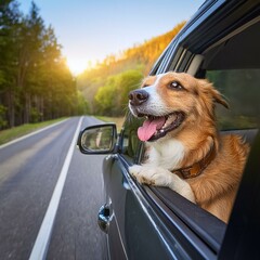 Wall Mural - Excited dog leaning out of car window on a road trip.