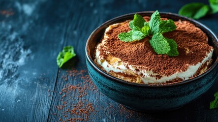 Poster - A beautifully plated Italian tiramisu dessert, topped with cocoa powder and fresh mint leaves