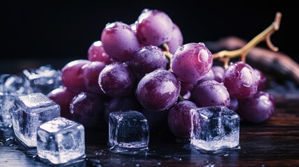 Canvas Print - A cluster of fresh purple grapes surrounded by shimmering ice cubes on a dark wooden surface, capturing the contrast between