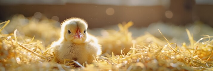 Adorable fluffy yellow chick basking in warm sunlight, surrounded by a soft, glowing background. Free copy space for text.