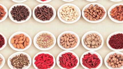 Various Chinese herbal medicines are displayed in white bowls on a beige surface, featuring ginger, goji berries, and assorted nuts arranged in a symmetrical pattern SEAMLESS PATTERN