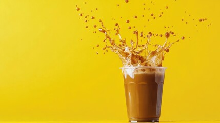 Canvas Print - A delicious caramel coffee shake splashing out of a clear cup, set against a bold yellow background