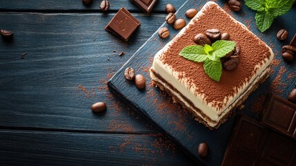 Poster - A delicious tiramisu dessert, decorated with cocoa and mint leaves, displayed on a dark blue wooden table, with cocoa