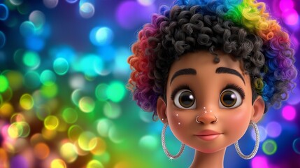 A colorful cartoon girl with rainbow hair and a nose ring. The girl is smiling and looking at the camera