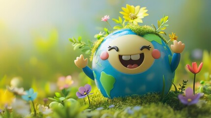 Cheerful Earth Character Surrounded by Plants and Flowers