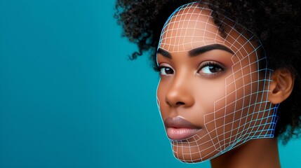 A woman with a face drawn on a blue background. The drawing is of a face with a grid pattern