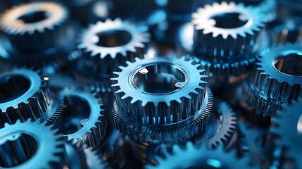 Close-up of interlocked blue metal gears representing teamwork and machinery.