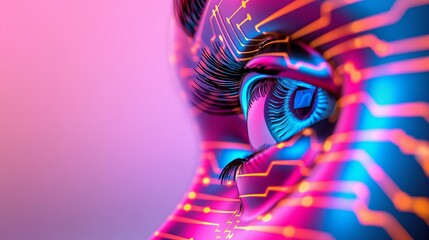 Poster - A computer generated eye with a blue iris and a pink and orange background. The eye is surrounded by a network of wires and circuits