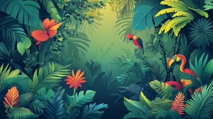 A captivating illustration of a lush tropical jungle scene teeming with vibrant green foliage. The scene is filled with exotic plants, showcasing the beauty and abundance of nature.  Two colorful bird