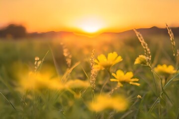 Wall Mural - Abstract soft focus sunset field landscape of yellow flowers and grass meadow warm golden hour sunset sunrise time. Tranquil spring summer nature closeup and blurred forest background. Generative AI