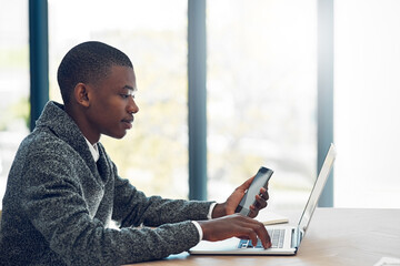 Poster - Phone, laptop and business black man in office for online project, research and website. Professional, startup company and person on computer and smartphone for internet, social media and contact