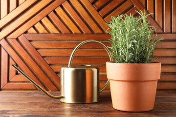 Wall Mural - Aromatic rosemary plant in pot and watering can on wooden table