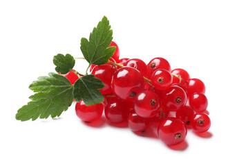 Wall Mural - Fresh ripe red currant berries with green leaves isolated on white