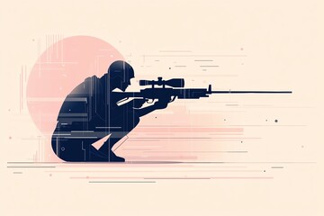 Stylized silhouette of a sniper in a crouched position, framed by abstract lines and a bold backdrop.