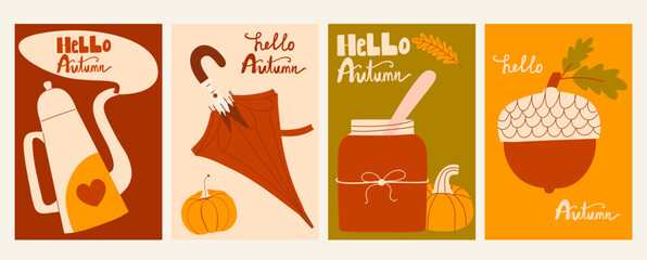 Hello Autumn vertical posters set with handwritten season slogan. Fall covers collection. Vector templates.