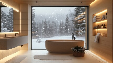 Poster - A bathroom with a large bathtub and a window overlooking a snowy forest