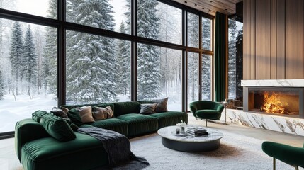 A large green couch is in the middle of a living room with a fireplace