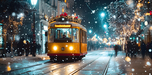 Winter Snowfall, Christmas vintage tram and old street decorated with lights