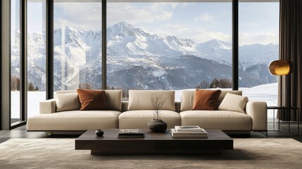 Wall Mural - A living room with a large window overlooking a snowy mountain range