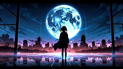 Sticker - Anime Girl Under a Giant Blue Moon