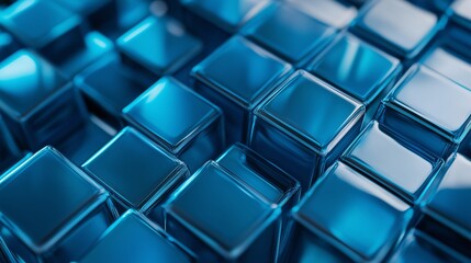 Poster - Shimmering blue glass cubes create an abstract pattern in a modern design display under bright lighting conditions