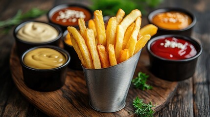 Thin, crispy potato fries in a metal cone, served with a variety of dipping sauces on a rustic wooden table