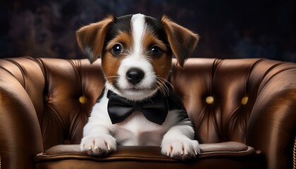 Wall Mural - Photorealistic image of a Jack Russel puppy in a tuxedo on a velvet armchair.