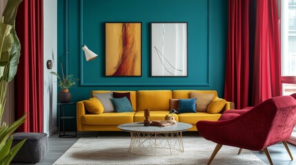 A living room with a blue wall and red curtains