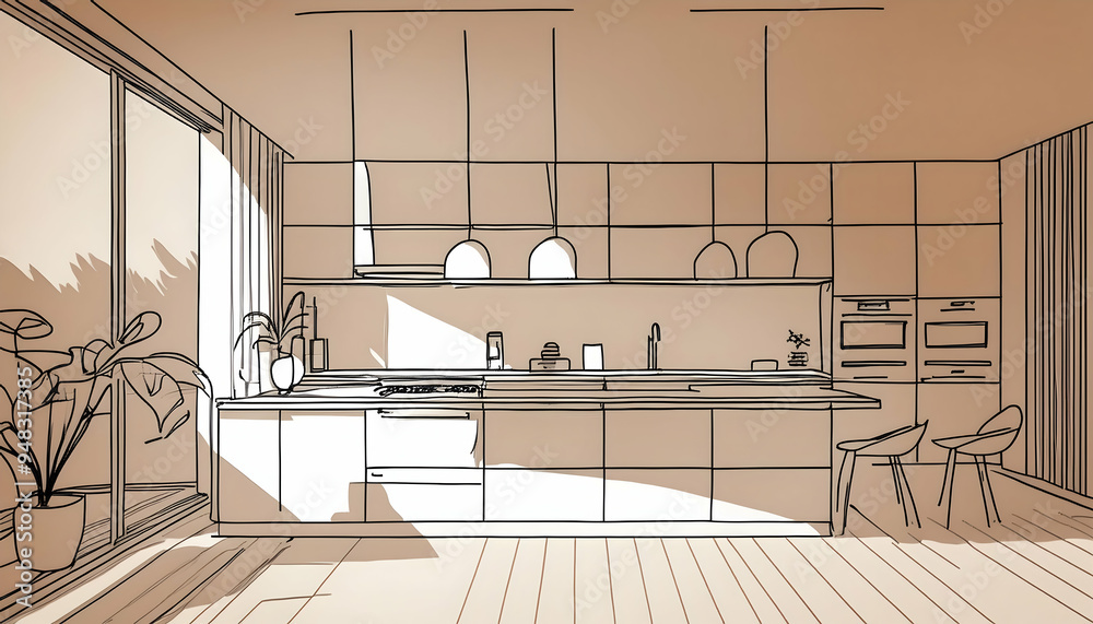 abstract kitchen art prints: modern line drawing set... One line drawing and continue for kitchen interior with spacious modern ...