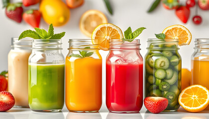 Canvas Print - Slection of fresh fruit juices in jars isolated with white highlights, png