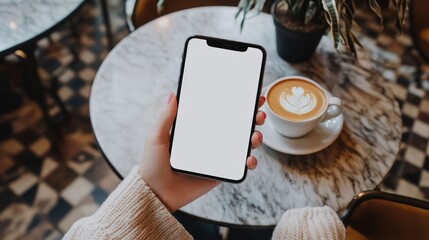 Poster - Woman hand holding a smartphone with a blank screen above a cup of coffee on a table, shot from above in a trendy coffee shop, perfect for marketing designs.