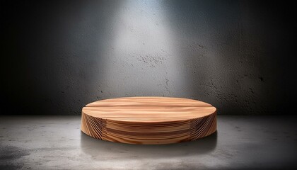 Rustic wooden podium on cool grey concrete floor with warm lighting.