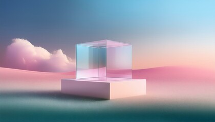 Wall Mural - Serene pastel landscape with minimalist podium and transparent cube.