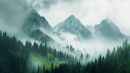 misty mountains landscape with fog