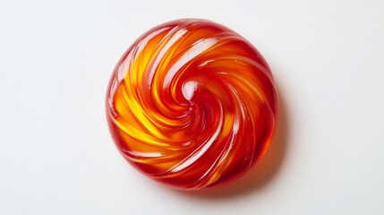 Poster - A detailed shot of a single, shiny hard candy with a swirl pattern, placed in the center of a white background to highlight its bright, glossy finish.