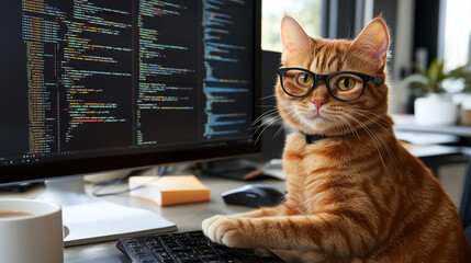 cat as a software developer, sitting at a modern desk in front of a computer