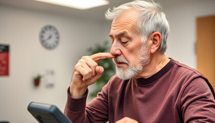 Senior caucasian man at physiotherapy clinic using pedal exerciser smelling something stinky and disgusting, intolerable smell, holding breath with fingers on nose. bad smell isolated with white hig