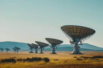 Array of satellite dishes, featuring technology, space, and communication themes