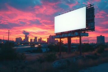 sleek digital billboard with a blank white screen set against a vibrant city skyline at twilight ready for advertisement placement