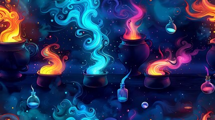 A seamless cartoon pattern featuring bubbling cauldrons with colorful potions and floating potion bottles, with swirling smoke that forms whimsical shapes, set on a dark teal background.