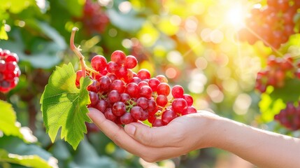 Sunlit hand holding ripe grapes with grape bushes in background, ideal for natural fruit concept